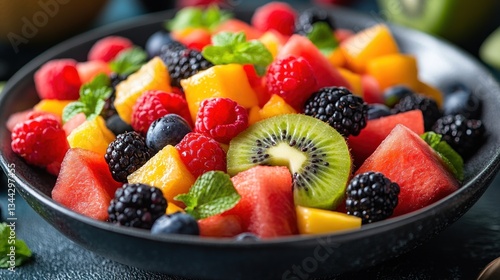 Colorful fruit salad in a bowl, fresh and vibrant, on a dark surface with other fruits