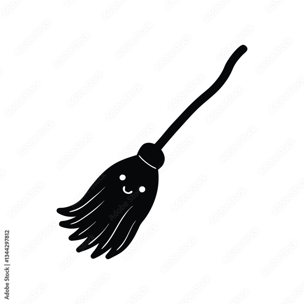 Silhouette vector illustration of a floating witch?s broom with a tiny face on its handle.eps Silhouette vector illustration of a floating witch?s broom with a tiny face on its handle.eps