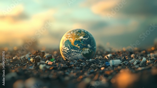 Earth surrounded by heaps of plastic waste illustrating environmental pollution and urgent need for sustainability and responsible waste management practices