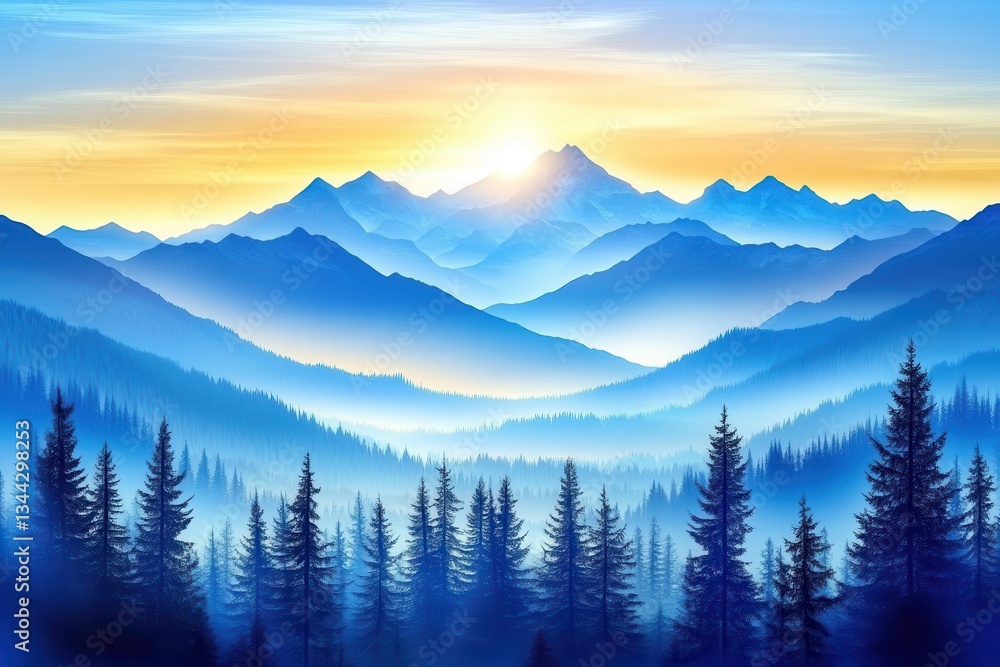 Obraz premium Serene Sunrise Over Misty Mountain Range with Pine Forest Silhouette