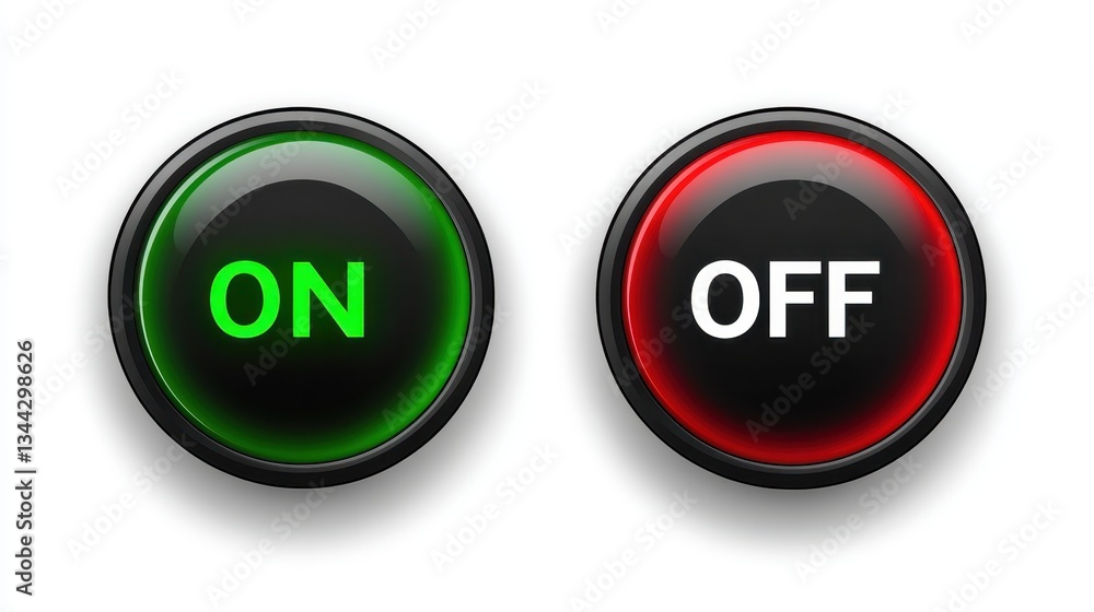 Green, red glowing buttons displaying on and off text, contrasting activation versus deactivation, representing binary switching functionality Green, red glowing buttons displaying on and off text, contrasting activation versus deactivation, representing binary switching functionality