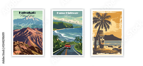 Haleakalā National Park, Hana Highway (Maui) – Vintage Travel Poster, Hand-Drawn Illustration