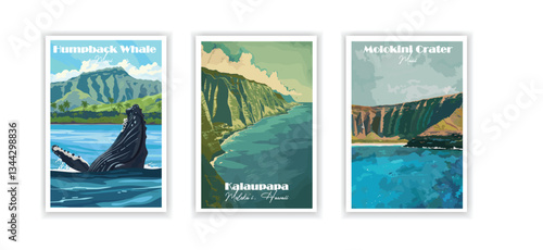 Humpback Whale Watching (Maui), Kalaupapa, Molokai, Hawaii, Molokini Crater (Maui) – Vintage Travel Poster, Hand-Drawn Illustration