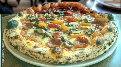 Delicious pizza with various toppings in a restaurant
