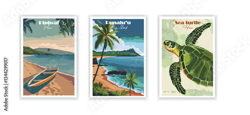 Pipiwai (Maui), Punaluu (Big Island), Sea Turtle (Honu) – Vintage Travel Poster, Hand-Drawn Illustration