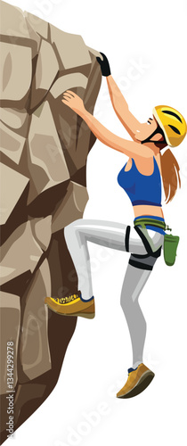 3D Rock Climber Ascending Wall vector illustration. Realistic Climber Reaching Grip. Mountain Climber 3D Action Pose
