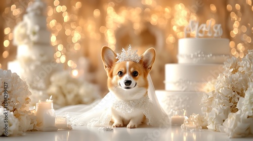 Adorable Corgi in Wedding Veil with Elegant Wedding Cake and Decor