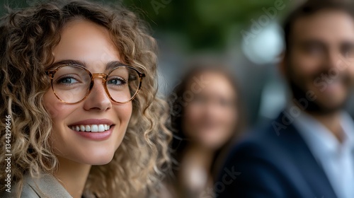 Young professional woman with curly blonde hair and glasses smiling confidently at camera, with blurred coworkers in background. Modern office workplace setting.