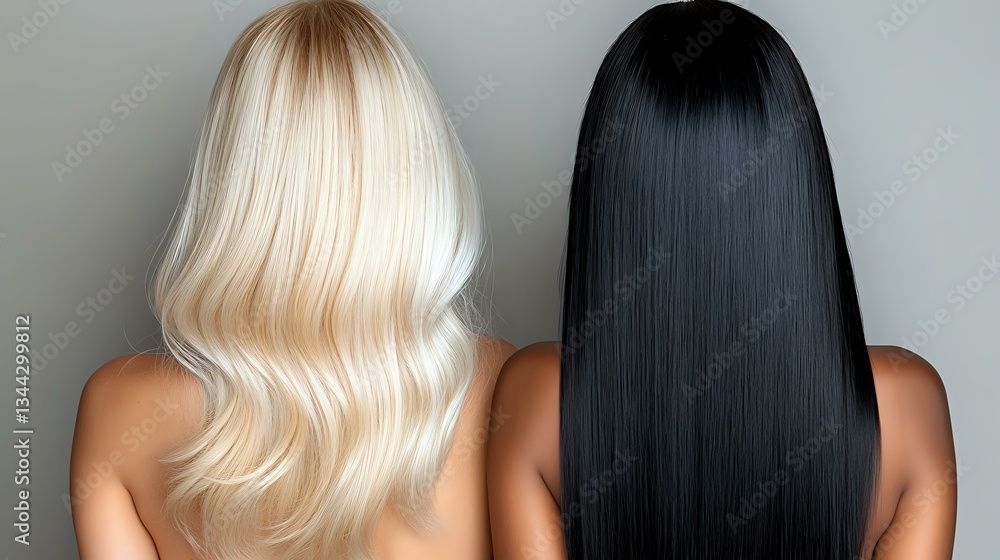 Fototapeta premium Contrasting blonde and black long straight hair on two women shown from behind, demonstrating professional hair coloring and styling results for beauty salon promotion.
