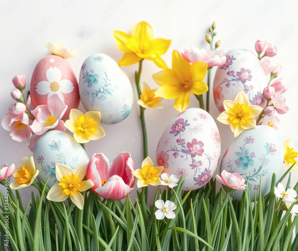 Fototapeta premium Colorful Easter eggs nestled among blooming flowers create a vibrant and cheerful spring decoration for the festive celebration