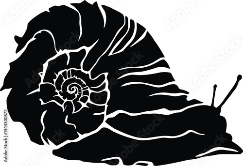 Snail Silhouette - Black and White Vector Illustration of a Spiral-Shelled Gastropod, Nature-Inspired Graphic Design