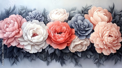 Fototapeta Naklejka Na Ścianę i Meble -  Pastel peonies and gray leaves in a painted floral arrangement. Ideal for wedding invitations, home decor, or feminine branding.