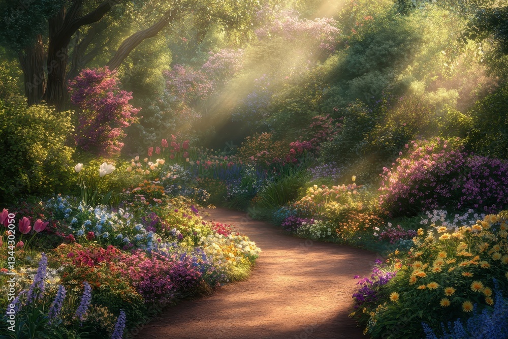 Serene Flower Pathway in Enchanting Garden with Soft Sunlight Serene Flower Pathway in Enchanting Garden with Soft Sunlight