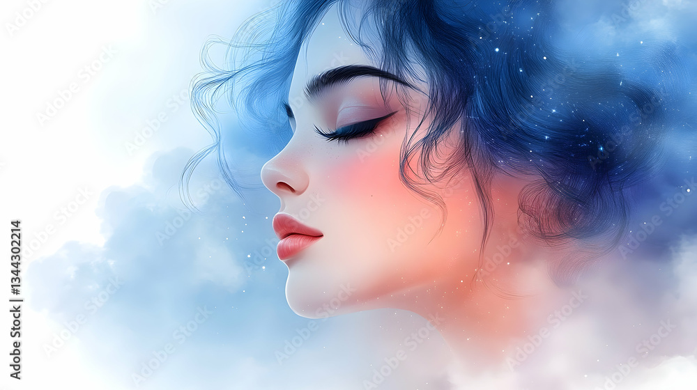 Profile of a beautiful woman with closed eyes, amidst cloud-like formations and dreamy, celestial hues Profile of a beautiful woman with closed eyes, amidst cloud-like formations and dreamy, celestial hues