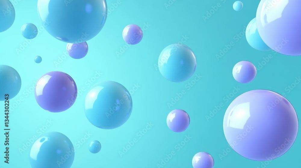 Glossy blue and purple spheres floating weightlessly, varying in size and clustering against luminous turquoise background, generating abstract geometric design Glossy blue and purple spheres floating weightlessly, varying in size and clustering against luminous turquoise background, generating abstract geometric design