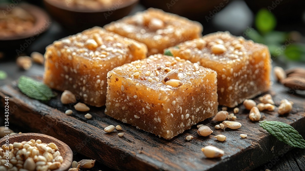 Delicious traditional sweets made from sesame and nuts on a rustic wooden platter Delicious traditional sweets made from sesame and nuts on a rustic wooden platter