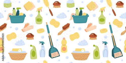Cleaning seamless pattern. Home chemical detergent in bottles. Household tools equipment brush, sponge, gloves, napkins.