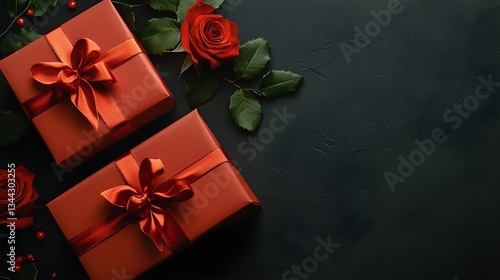 Elegant red gift boxes decorated with ribbons and roses.