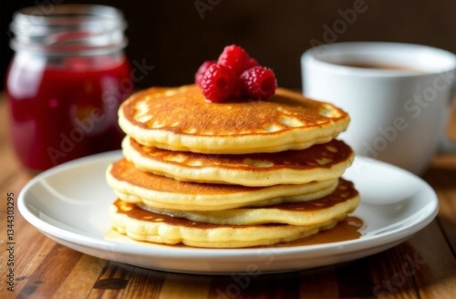 Pancakes with berries over white background.