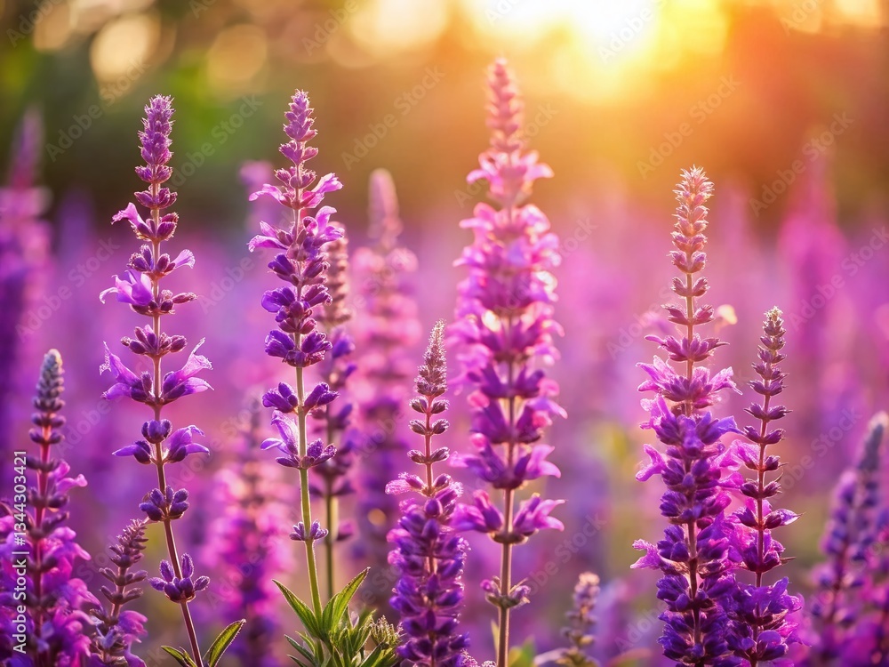 Naklejka premium Purple Sage Flowers Field, Summer Violet Flowers Background, Close Up Salvia in Sunlight, Pink Flower Banner