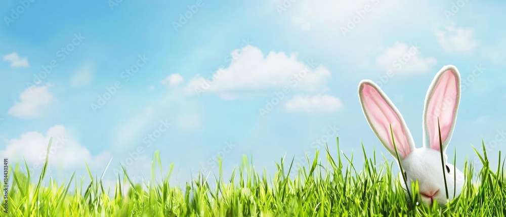 Fototapeta premium Adorable Easter Bunny Rabbit Hiding in Green Grass, Blue Sky Background
