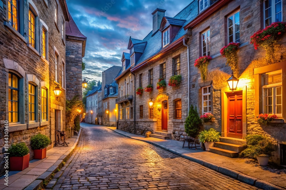 Fototapeta premium Quebec City Old Town Dusk Alleyway Intersection - Charming Narrow Streets Stock Photo