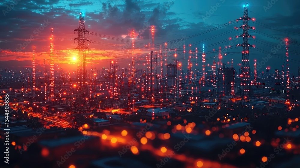 Fototapeta premium Vibrant sunset over a city skyline with power lines and glowing lights
