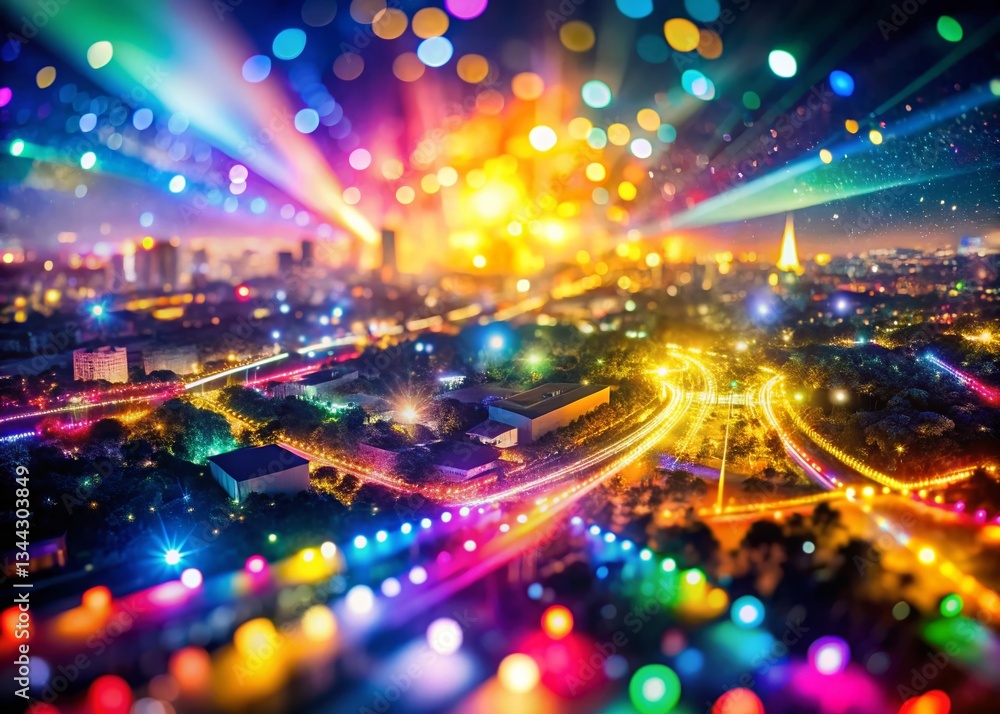 Obraz premium Rainbow Bokeh Lights, Disco Party Night, Abstract Background, Drone View, Festive Celebration