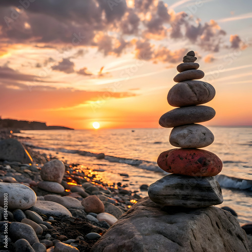 Vibrant stacked agated stones on sunset background