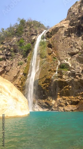 Rainbow waterfall in the mountains of Meghalaya India