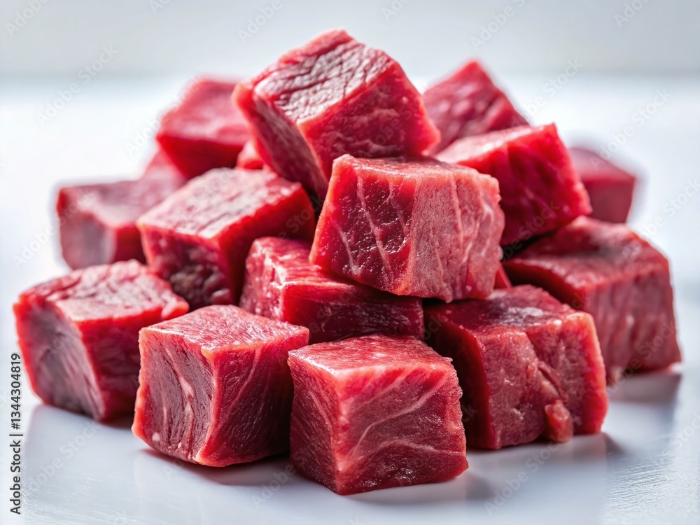 Fototapeta premium Raw Beef Cubes for Stew, Vibrant Red, Scattered on White Background - Low Light Photography