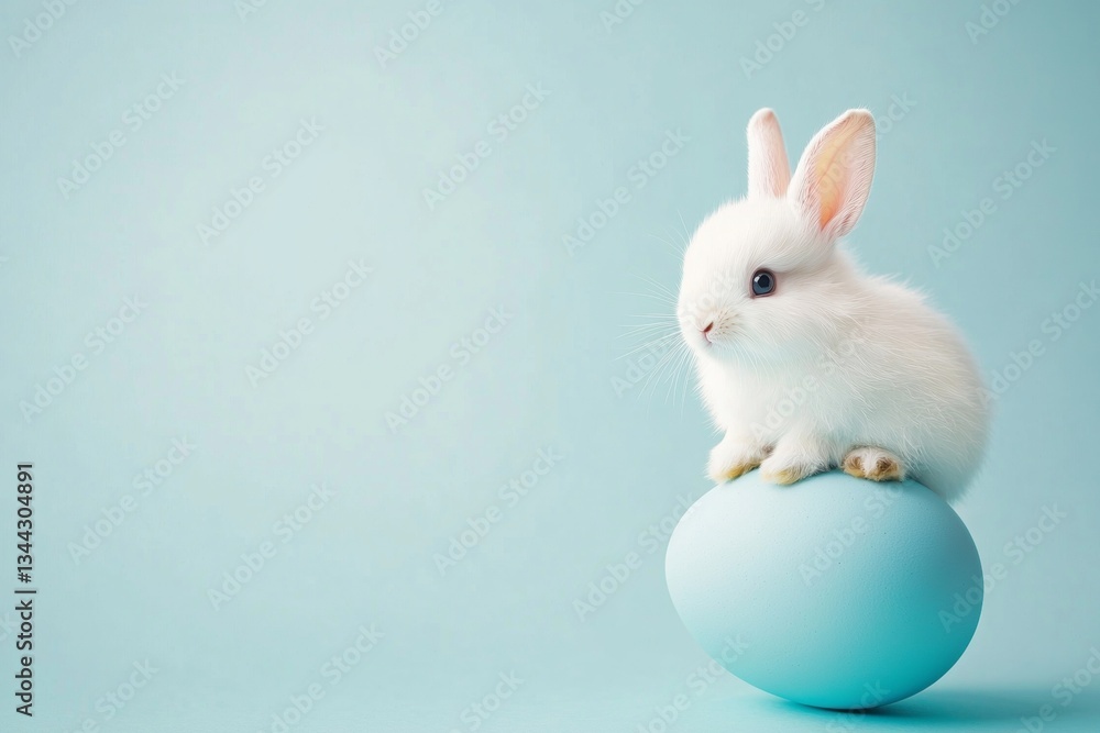 White Rabbit Sitting on Easter Egg, Isolated on Blue Background White Rabbit Sitting on Easter Egg, Isolated on Blue Background