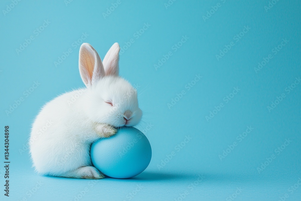 Obraz premium White Rabbit Sleeping on Easter Egg, Isolated on Blue Background
