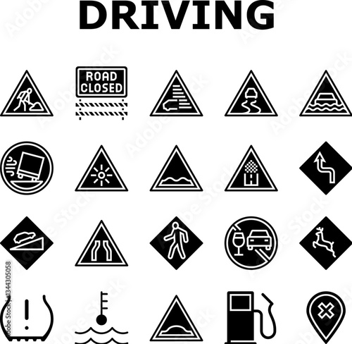 car driving obstacles road icons set vector