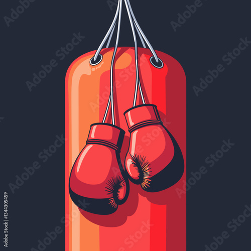 Boxing gloves resting on red punching bag, strength and determination