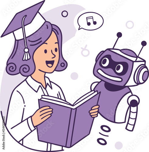 AI technology in education. Robots assist teacher wi lesson. Characters use artificial intelligence generative tools for learning, teaching, exam preparation,  educational program—vector illustration.