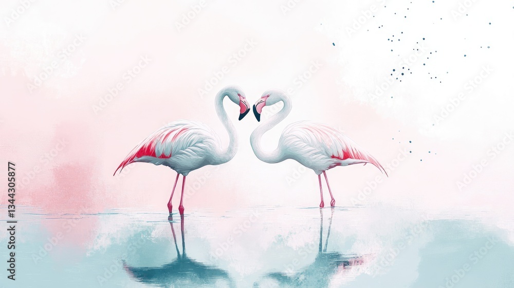 Fototapeta premium Two elegant flamingos gracefully facing each other on a serene water surface with a pastel background
