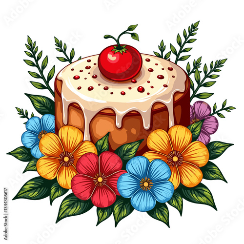Delicious kulich with vibrant flowers surrounding it, festive celebration