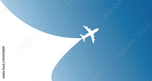 Illustration of a simple airplane travel scene, opening the background behind itself. Perfect for banners promoting trips abroad, vacations, and air travel.