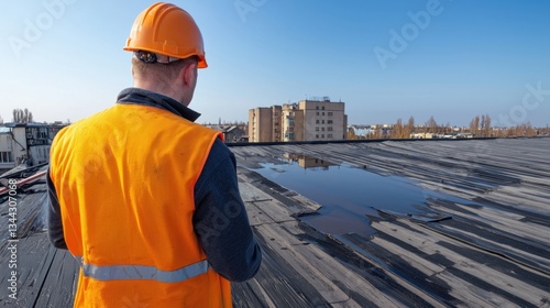 Roof Leak Concept, Contractor Inspecting Flat Roof for Water Leakage During Daylight in Urban Area with Clear Sky