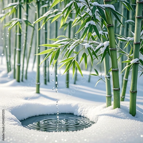 Winter, pine forest, snow, puddle, water drop, water, icicle, bamboo, stream, valley, squirrel, bamboo,
