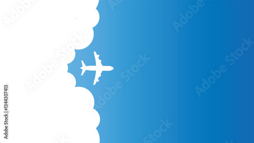 Illustration of a simple airplane travel scene, opening the background behind itself. Perfect for banners promoting trips abroad, vacations, and air travel