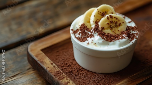 Banana cocoa yogurt dessert, wood