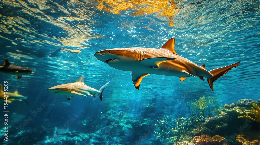 Fototapeta premium Majestic Sharks Swimming Gracefully in Crystal Clear Ocean Waters