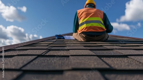 Roof Leak Concept, Homeowner Researching Roofing Solutions Online While Sitting on Roof Under Blue Sky with Clouds