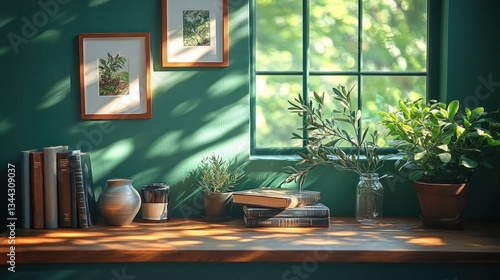 Wallpaper Mural Sunlit wooden shelf with books, plants, and framed art. Perfect for home decor, lifestyle, and reading themes. Torontodigital.ca