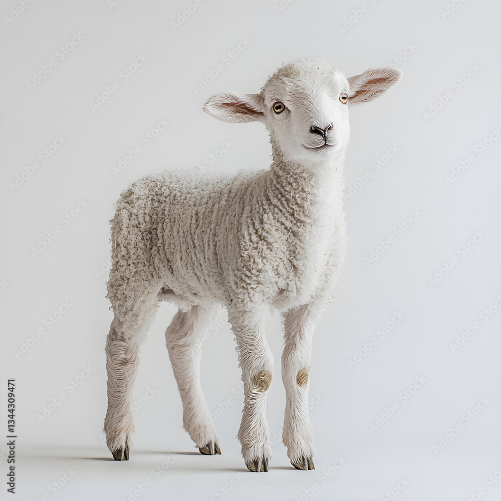 Fototapeta premium A small, fluffy white lamb standing in a side view, isolated on a white background. Its soft wool, bright gentle eyes, and innocent, curious expression create a heartwarming and realistic animal 