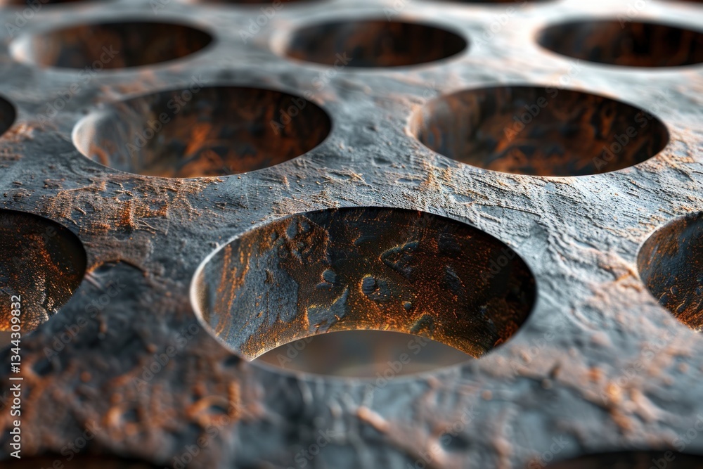 Close view of a rusted metal plate with detailed circular corrosion and uneven textures, illuminated by soft light Close view of a rusted metal plate with detailed circular corrosion and uneven textures, illuminated by soft light