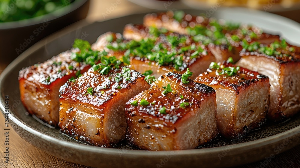 Deliciously grilled pork belly slices garnished with herbs on a rustic table Deliciously grilled pork belly slices garnished with herbs on a rustic table