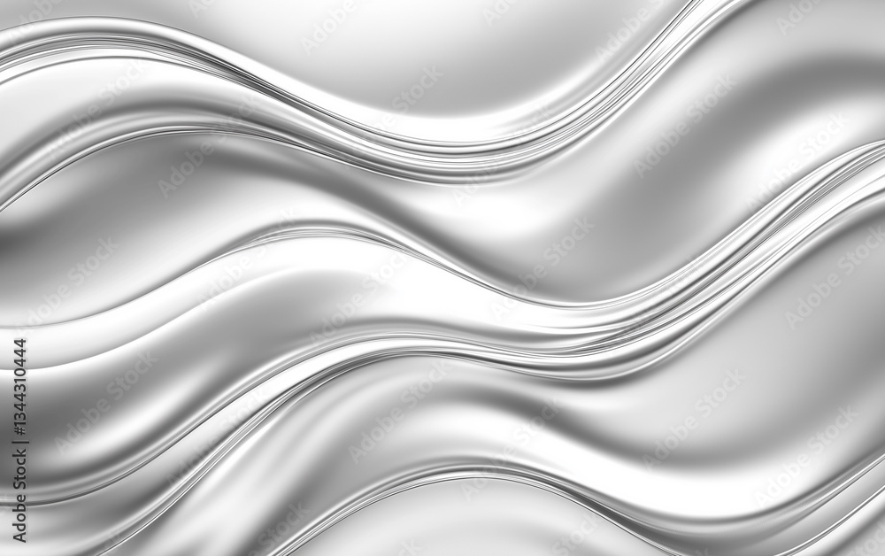 Obraz premium Silver Metallic Wavy Abstract Background Texture with Smooth Reflections and Highlights